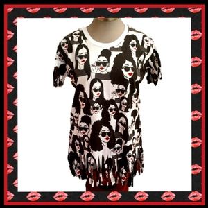 BLACK & WHITE ☆ FACES with SUNGLASSES ☆ FRINGE TEE ☆ NWT